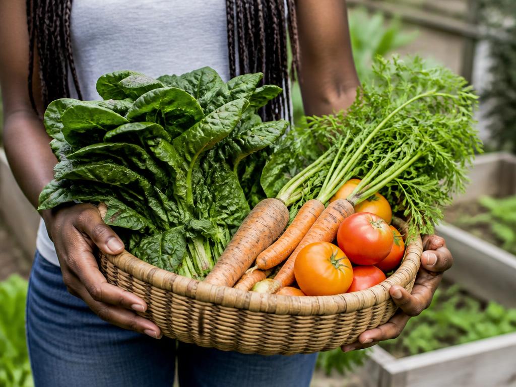 Basket of freshly harvested spinach, carrots and tomatoes from a member garden